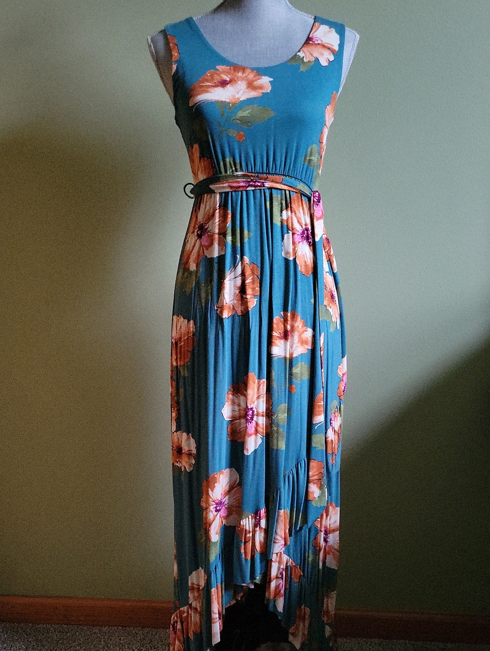 Floral Teal High-low Dress with Belt